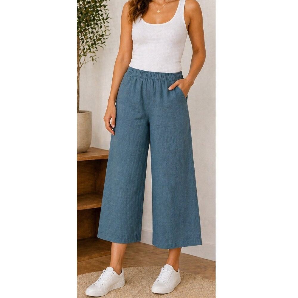 Eileen Fisher Cropped Wide Leg Linen Pants Petite Large Blue Culottes